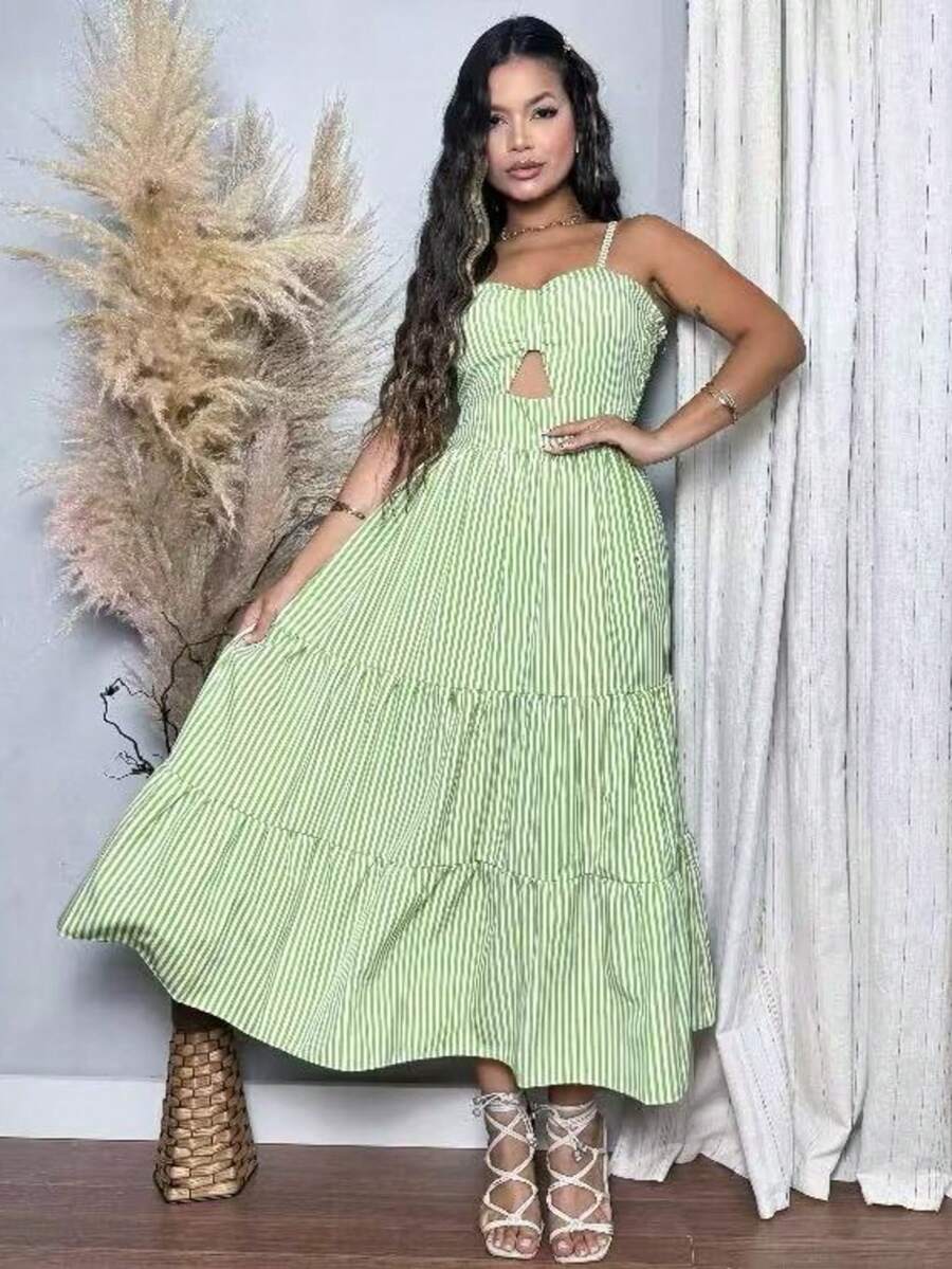 Long Strappy Dress With Built-In Bra, Striped Design, In H-2 Crepe Fabric. - Lime Green - View 1