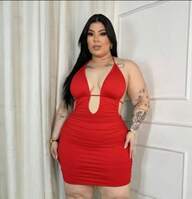 Vestido Curto Plus Size Frente Única com Recortes e Decote Profundo  elegante  Festa    Amarrar  Tie Back  Nó    Férias