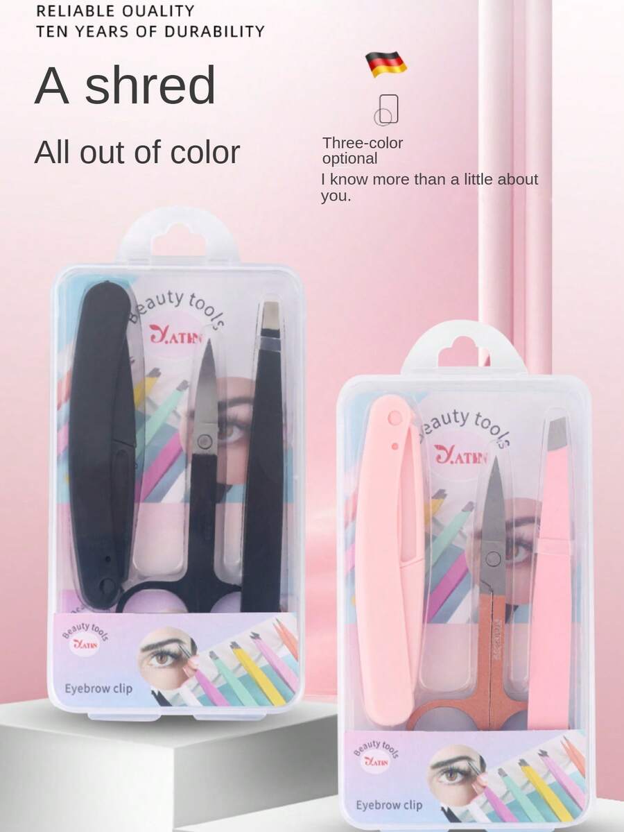 3pcs Eyebrow Grooming Set: Stainless Steel Eyebrow Razor, Eyebrow Tweezers, Eyelash Brush - Multicolor - View 1