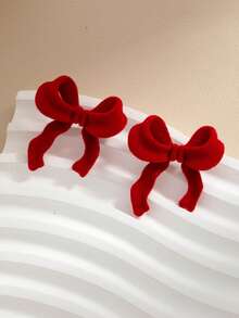 1 Pair Retro Flocked Bow Stud Earrings, European And American Fashion Style, Suitable For Daily Wear, Valentine's Day Gift, Gift For Girlfriend, Mother - Red - View 4