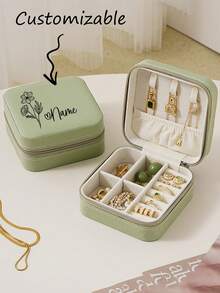 Customizable Floral Jewelry Box, Portable Travel Jewelry Box, PU Square Jewelry Storage Box, Mini Zipper Jewelry Box, And Custom Jewelry Storage Box, Suitable As Mother's Day Gift, Wedding Gift, Bridesmaid Gift, Anniversary Gift, Christmas Gift, And Thoughtful Gift For Girlfriend - Multicolor - View 2