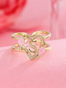 1 pieza Anillo con inicial de flor en tono dorado A-Z con corazón de circonita cúbica, anillo abierto ajustable para mujeres, joyería de regalo de cumpleaños personalizada - Amarillo Oro - Ver 19