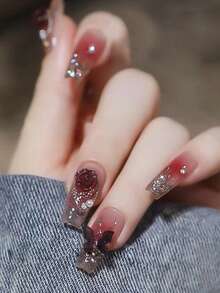 24pcs Y2K Nail Stickers, Long Coffin Shaped Nails, Super Glossy Press-On Acrylic Nails, Pink Fashion French Ombre Glitter Geometric Striped Chain Butterfly Flower Pattern, Lightweight Luxurious Nails With Rhinestones, Reusable, Sweet, Cute, Minimalist, Elegant Nail Art Set, Includes Detachable Fake Nail Stickers, Suitable For Holidays, Parties, Gatherings, Dates, Daily Wear. Nail Accessories - Baby Pink - View 1