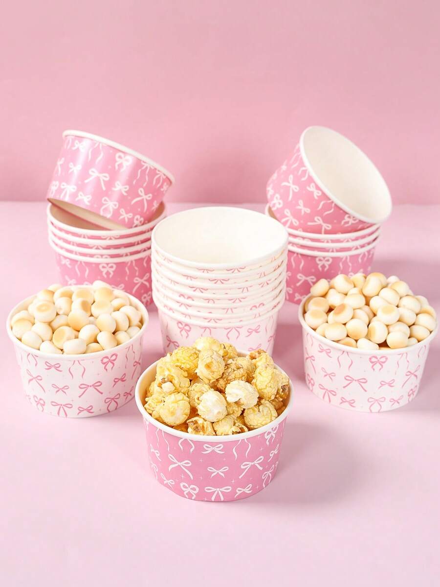 10pcs Pink Bow Paper Bowls, Paper Snack Trays, Suitable For Pink-Themed Baby Shower Parties, One-Time Use Tableware For Holding Snacks, Gifts, Cookies, And Other Foods, Pink Bow Birthday Decorations, Baby Shower Decorations, Gender Reveal Party Supplies, 1st Birthday Party Supplies, Baby Shower Supplies, Pink Bow Decorations, Birthday Party Decorations