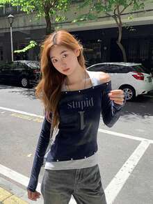 Kaos Lengan Panjang Wanita Model Off-Shoulder dengan Tali Leher, Potongan Slim Fit, Atasan untuk Padu Padan Kasual Awal Musim Gugur - biru laut - View 5