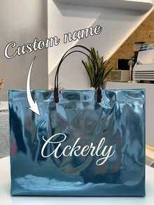 Personalized Holographic Gift Bag, Customizable Name Text, Multi-Color Glitter, Personalized Valentine's Day Gift Packaging Bag, Available In Pink, Purple, Blue, Green, Teal, Suitable For Weddings, Birthdays, Parties, Durable Plastic Tote Bag With Name Tag - Multicolor - View 6
