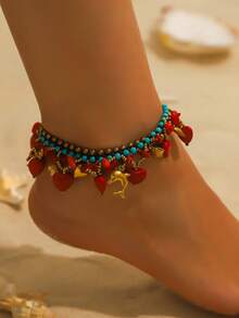 1pc Bohemian Style Turquoise Heart Pendant Wax Rope Woven Anklet, Suitable For Women's Daily And Holiday Wear, Especially Suitable For Summer - Multicolor - View 4