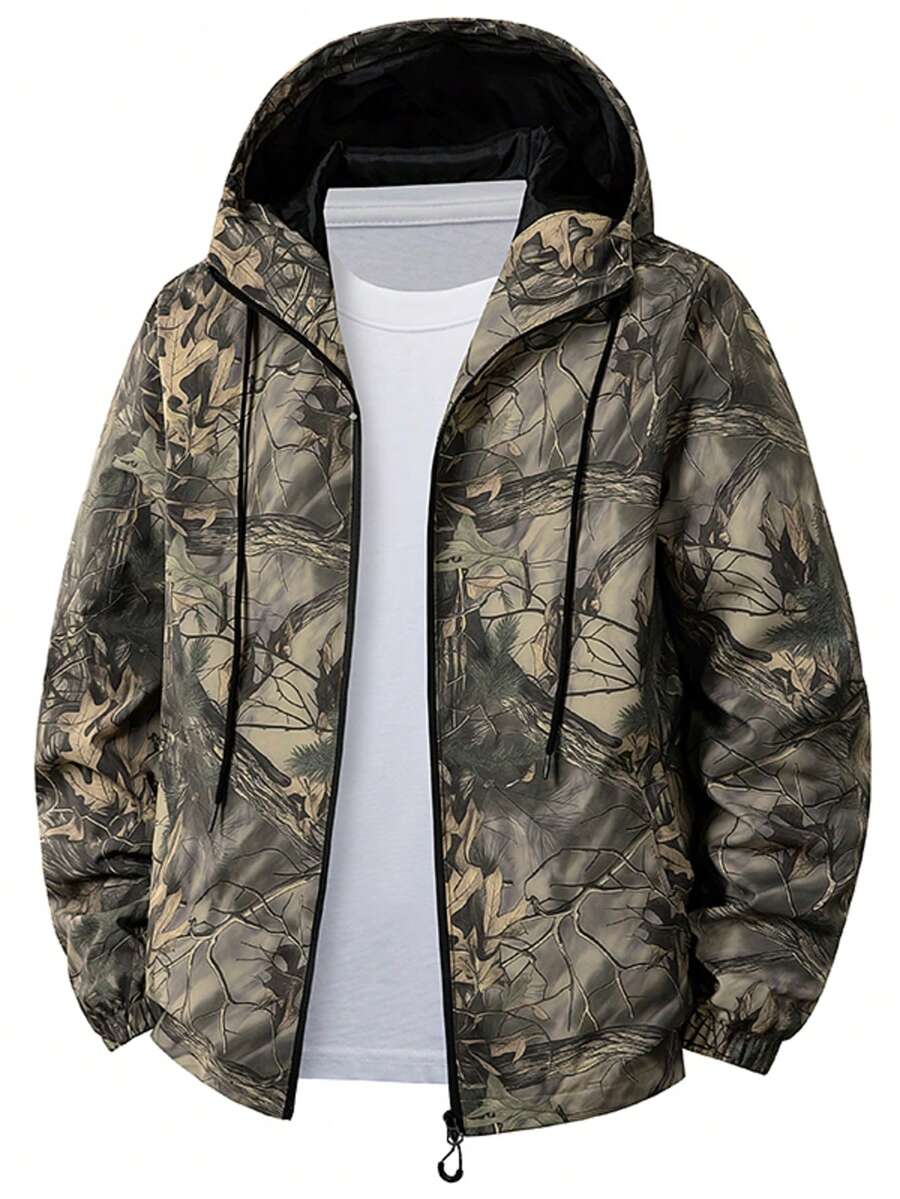加大码男士轻薄涤纶迷彩（绿/棕/黑/灰/橙/白/米色）全拉链连帽夹克 - 可机洗，适合身材高大的男士 - 春、秋、冬休闲套头衫 - 适合狩猎、户外活动、日常穿着，拉链连帽设计，耐用面料 - 卡其色 - 查看 1