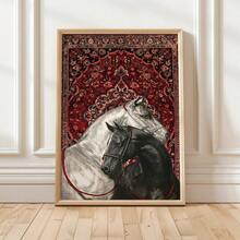 1 pieza Arte de pared de lienzo vintage - Dos caballos sobre una alfombra , con diseño ecuestre y de alfombra , patrones tradicionales rojos y azules, y un estilo estético moderno. Adecuado para la decoración del hogar, la decoración de la habitación, la decoración del dormitorio, la decoración de la sala de estar, la decoración del baño y la decoración de la pared. Arte de pared opcional con marco. - Multicolor - Ver 7
