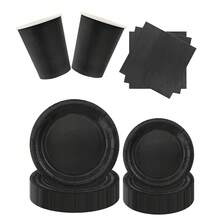 10件套黑色派对用品，包括黑色纸盘、纸杯、餐巾纸，适用于黑色生日派对装饰、万圣节黑色餐具套装、婚礼生日派对一次性餐具、日常用餐野餐露营餐盘。 - 彩色 - 查看 3