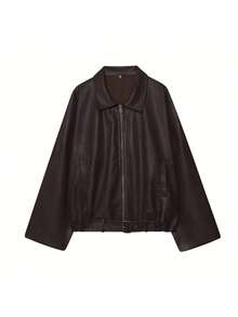 New Vintage Bomber Leather Jacket, Solid Color Casual Zipper Pocket Jacket, Leather Jacket, Regular Fit, Women Winter Jacket