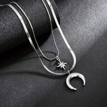 欧美跨境时尚男士星月双层项链，叠戴设计男士项链 - 銀色 - 查看 2