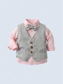 BOARNSEORL 3pcs Young Boys Gentleman Outfit - Long Sleeve Shirt With Bowknot, Gray Vest And Gray Pants, Fashionable, Suitable For Birthday Party, Wedding, Family Gathering, Valentine's Day - Grey - View 5