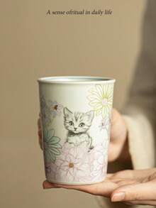 1个优质陶瓷可乐杯，创意可爱猫咪图案马克杯，适合家庭聚会、毕业派对、咖啡杯、牛奶杯、水杯、漱口杯，300毫升个人使用，中国茶具套装 - 彩色 - 查看 5