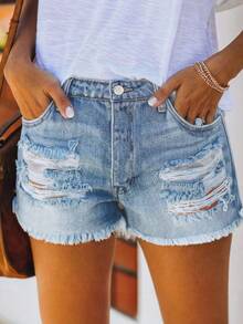 Distressed Straight Leg Washed Frayed Hem Women Denim Shorts, European And American Style, Spring/Summer - Medium Wash - View 4