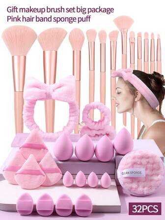 32pcs/Set High-Quality Pink Makeup Brush & Sponge Set, Includes Face Powder Brush, Contour Brush, Setting Brush, Blush Brush, Eyeshadow Brush, Multi-Purpose Face Makeup & Cleansing Sponges, With Absorbent Plush Wristband