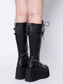 Y2K Goth Knee High Boots For Women Fashion Punk Buckle Lace-Up Platform Wedges High Heels Party Cosplay Street Boots Woman - 黑色 - 查看 4