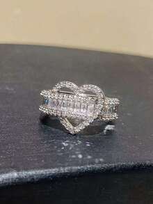 1pc Luxury Micro-Inlaid Zirconia Heart Ring, Unique Exquisite Adjustable Open Ring, Wedding Engagement Valentine's Day Gift - Silver - View 2