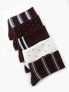 5 Pairs Women's Brown Striped & Polka Dot Slouch Socks - Fashionable, Mature & Minimalist Style, Soft & Comfortable For Autumn & Winter. Suitable For Daily Wear, Unisex Mid-Calf Socks For Home Use, Perfect As A Fashionable Gift. - Multicolor - View 5