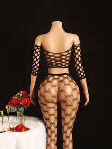 2pcs Women's Black Sleeve Bodysuit & Leggings Mesh Lingerie Set, Minimalist & Mature Style - Black - View 4