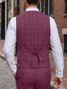 Mens 3 Pieces Suit Set Plaid Slim Fit  Checked Casual Tuxedo Formal Suits For Men Wedding Business Party Blazer Vest Pant - Màu Đỏ Sâu - Xem 4