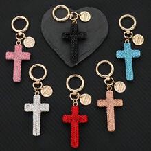 1pc Minimalist Rhinestone Cross Keychain – Sparkling Cross-Shaped Pendant With Creative Design, Phone & Earphone Charm, Bag Accessory, Halloween Car Accessories, School Cute Goth Y2K Style Key Ring Gift For Women & Men - 粉色 - 查看 2