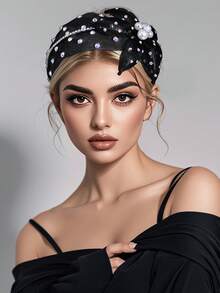 1pc Pearl Flower Headband With Rhinestone Mesh Hollow Wide Hairband, Suitable For Bride, Wedding, Party, Festival Gift, Date, Casual Wear, Hair Hoop