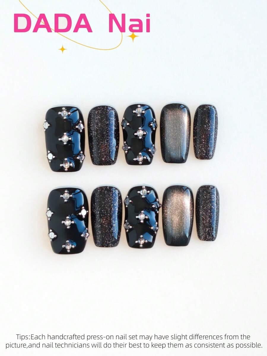 10片手工亚克力美甲贴纸套装，美甲用品，新款中号方形美甲贴纸，中号按压式美甲贴纸，黑色闪粉美甲贴纸，钻石装饰，亚克力美甲胶，UV美甲凝胶，派对时尚按压式美甲贴纸，奢华前卫，手绘，假指甲，美甲套装，包含美甲工具，适合女性和女孩 - 新款中号方形，黑色闪粉奢华风格，钻石点缀，前卫派对美甲套装 - 彩色 - 查看 1