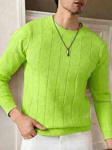 ALTZTAR Men's Casual Ribbed Knit Sweater, Round Neck, Minimalist & Fashionable For Daily Wear - Lime Green - View 2