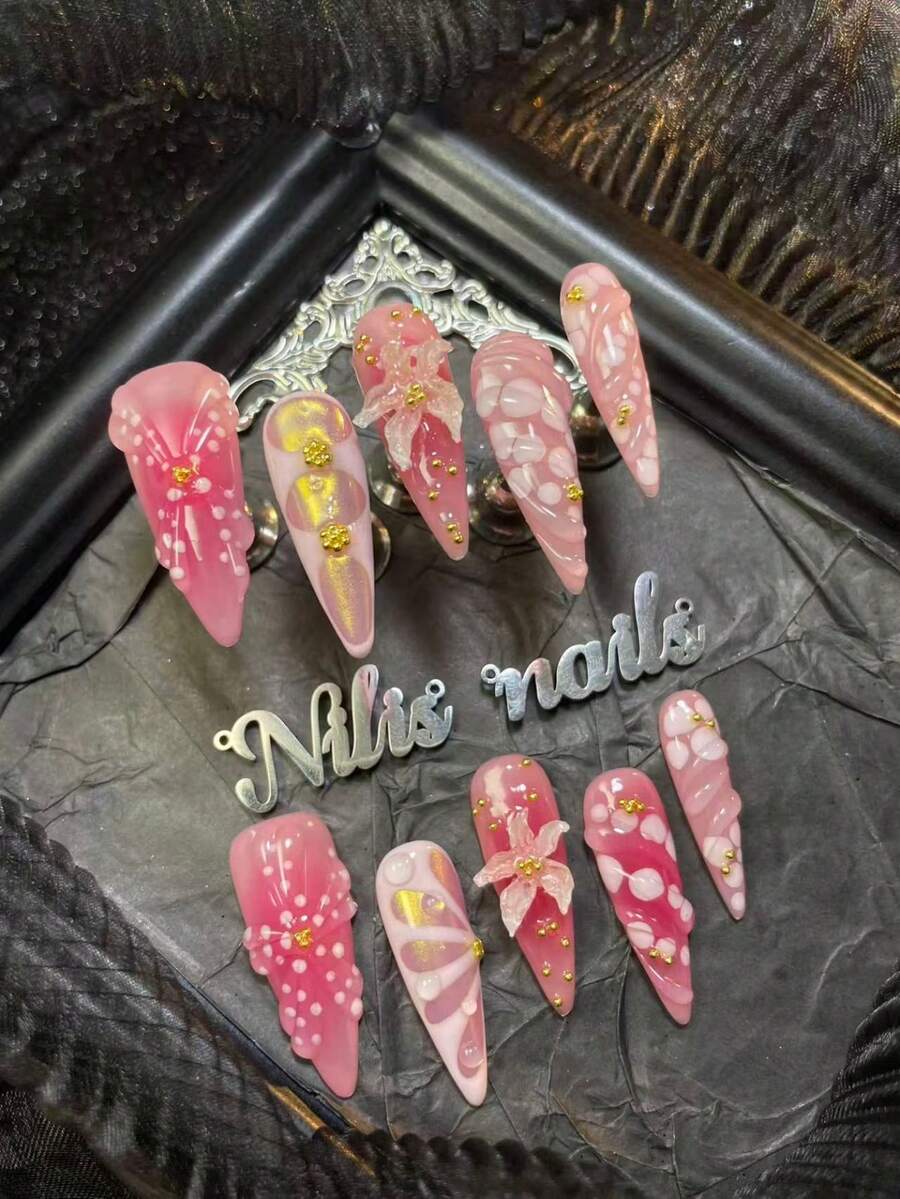 10件套尖头亚克力美甲贴纸套装，粉色美甲贴片，粉色扎染，手绘白色波点几何图案，3D花朵和珠子美甲装饰，Y2K风格可佩戴美甲套装，适合女性或女孩，适用于情人节、日常、聚会、派对和舞会（包含：1片果冻胶和1片摩擦条）美甲用品
