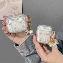 1个时尚苹果耳机保护套，白色3D珍珠蝴蝶结装饰，蝴蝶结元素，带蝴蝶结吊坠，防震，保护，防尘，时尚优雅，适合青少年和年轻人，适合日常使用和送礼。 - 白色 - 查看 2