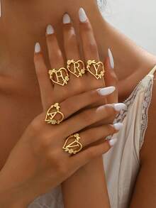 Personalized Ring, Customized Letter Heart-Shaped Ring, Fashionable Flower Hollowed Out English Letter Opening Ring, Women's Versatile Ring, Unique Customized Gift - Gold - View 6