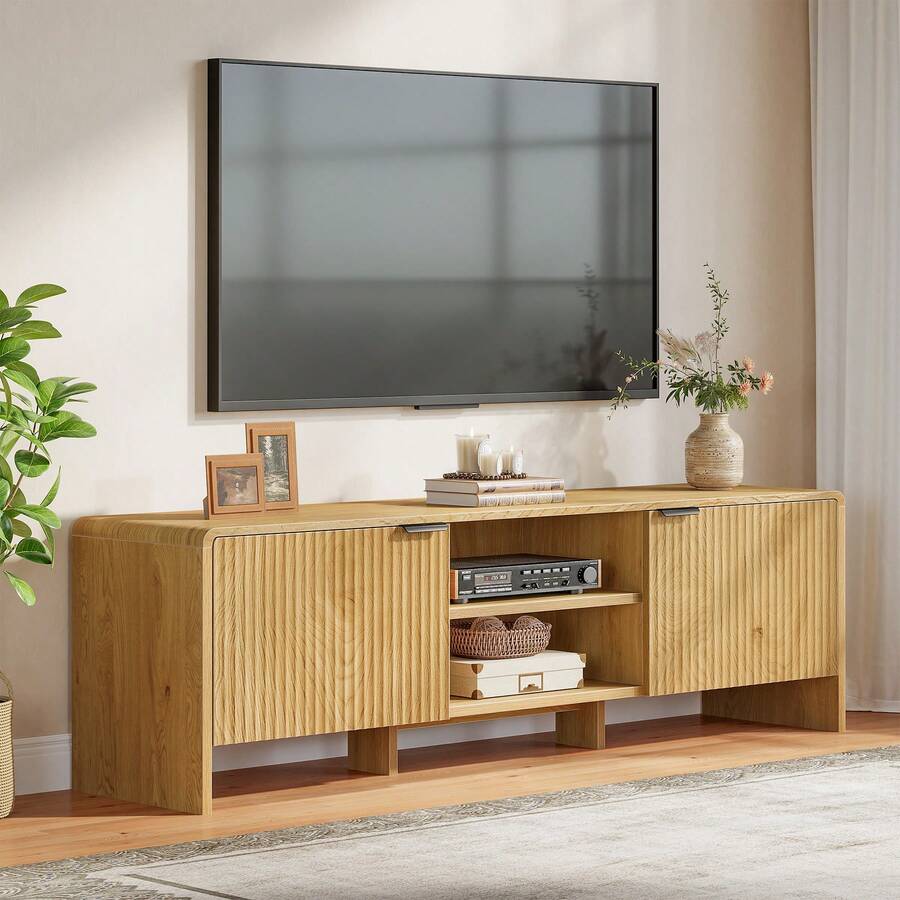 Tribesigns 63" Fluted TV Stand For TVs Up To 75 Inches, Modern Entertainment Center With Storage Cabinetand Shelf, Wooden TV Media Console For Living Room, Bedroom - màu nâu - Xem 1