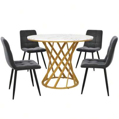 Esstisch-Set (5-Teilig), Esstisch-Set Mit 4 Stühlen, Modern Küchentisch-Set, Round Küchentisch Mit 80 Cm Durchmesser Und Goldenen Metallbeinen, White MDF-Tischplatte, Dark Gray Samt-Esszimmerstüh