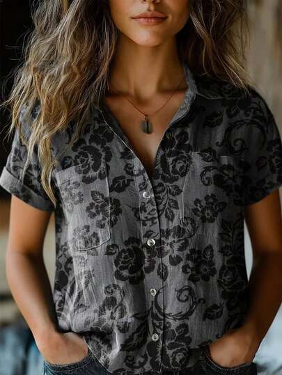 Plus Size Women's Retro Printed Fashion Shirt, Front Double Pocket Design, Short Sleeve Blouse Vacation