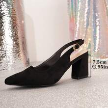 女士纯色圆头日常时尚百搭绒面粗高跟鞋，多种颜色 - 黑色 - 查看 2