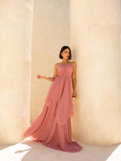 Vestido Longo Megan Chiffon Leve Festa Madrinha Tomara Que Caia Rose Elegante Casamento Formatura Fluido