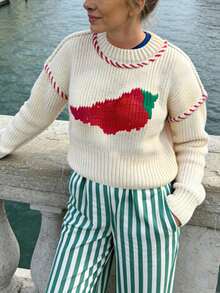 Women's New Apricot Crew Neck Drop Shoulder Long Sleeve Jacquard Splice Chili Graphic Knit Pullover Sweater, Fashionable Casual Minimalist Y2K Streetwear Christmas New Year Sweater, Autumn/Winter - Apricot - View 10