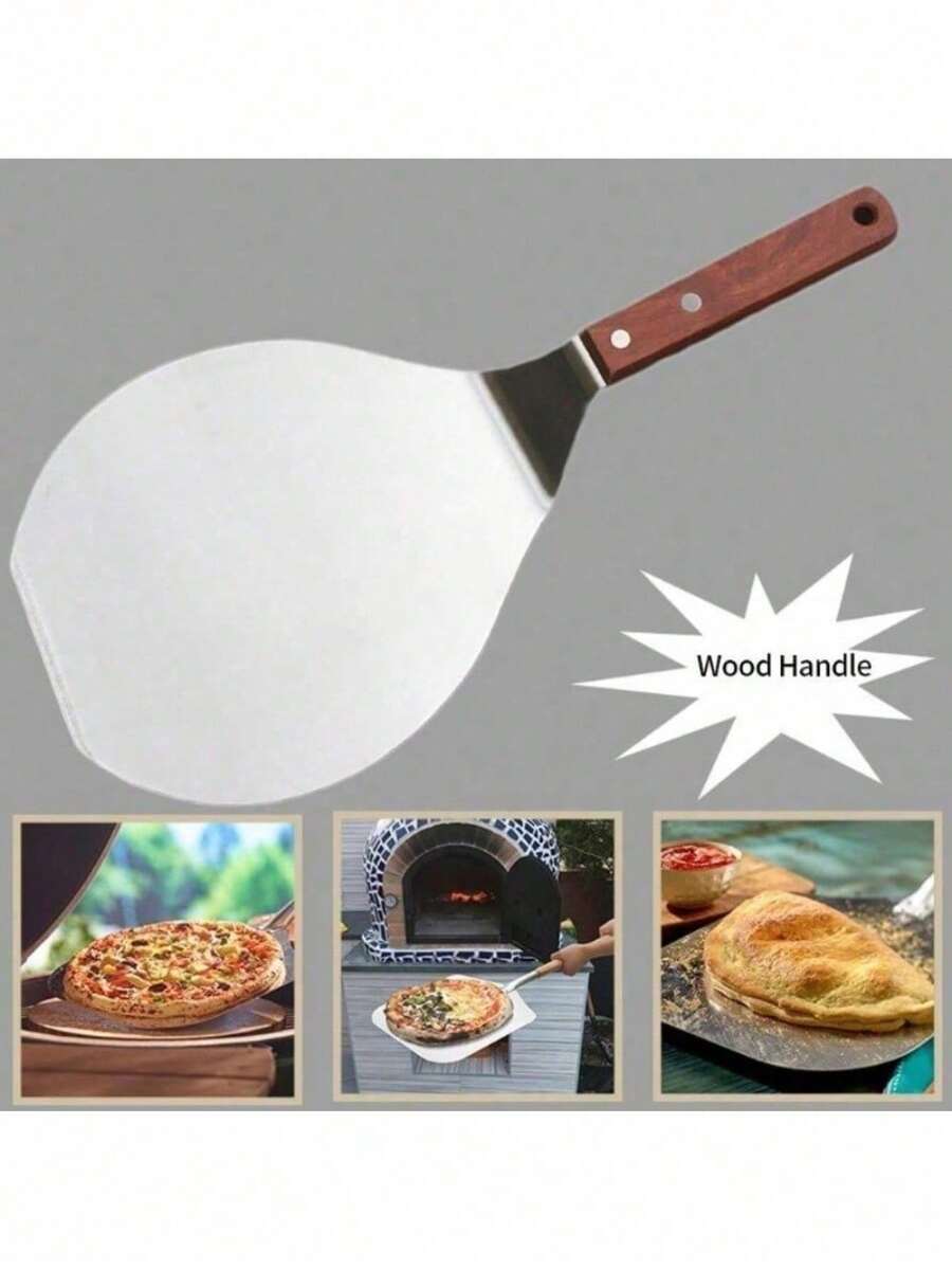 Non Stick Pastry Stainless Steel Kitchen Lifter Round Spatula Pizza Peel Paddle Hanging Hole Baking Tool Cake Shovel Chef - Silver - View 1