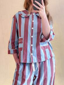Women Striped 2 Piece Pajama Set Long Sleeve Button Down Shirt Christmas Pants Pj Sets Holiday Sleepwear - Màu xanh lam - Xem 3