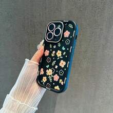 1 pieza funda de teléfono de moda de color negro con estampado de flores pequeñas de colores y marco de cámara azul, ideal para chicas modernas. Exterior de policarbonato duro resistente a golpes e interior de silicona suave para protección total. Resistente al agua y a caídas. Compatible con Apple  11 Pro Max, 12 Pro Max, 13 Pro Max, 14 Pro Max, 15 Pro Max, 16 Plus, 16 Pro Max,  Galaxy S21, S22, S23, S24 Ultra, Redmi Note 13, 14,  Pura 70, OPPO Reno 11, Honor X9,  Pixel 7. - Negro - Ver 2