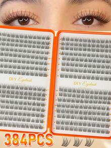 384片D型卷翘簇状假睫毛，DIY化妆必备，大容量，柔软自然，新手友好，浓密蓬松，单片睫毛套装，持久浓密，混合款式，适合新手和日常使用，适用于婚礼、派对、角色扮演和音乐节等场合。 - 彩色 - 查看 2