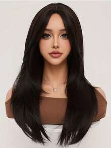 Peluca sintética con capas y flequillo, cabello largo y liso, adecuada para uso diario y juegos de roles, fibra resistente al calor, cómoda y esponjosa, de alta calidad; cabello realista; ideal para viajes, Halloween, Navidad y uso diario; peluca de estilo dopamina