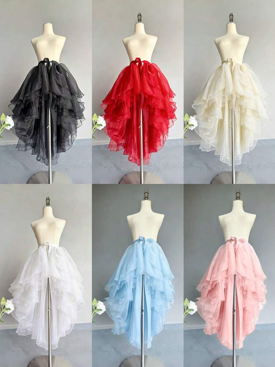 Đầm nữ 1 mảnh với vạt không đều, có các màu trắng, đen, đỏ, hồng, xanh nhạt, màu sâm panh, kiểu dáng bất đối xứng phía trước ngắn phía sau dài đuôi én, kiểu đuôi cá không đều, váy voan nhiều lớp, đầm biểu diễn thướt tha, váy maxi lưới Thụy Sĩ 3-6 lớp, kiểu tạp dề liền thân, váy xếp ly phủ ngoài, thích hợp cho đám cưới, tiệc chiêu đãi, biểu diễn, liên hoan, cô dâu, phù dâu, biểu diễn sân khấu, cosplay, đạo cụ chụp ảnh du lịch, buổi biểu diễn khiêu vũ, trang phục Halloween.