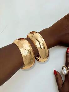 4/2pcs Vintage Exaggerated Old Coin Style Women Metal Gold Smooth Hammered Texture Bangle Set, Suitable For Women's Daily And Party Wear - Gold - View 2