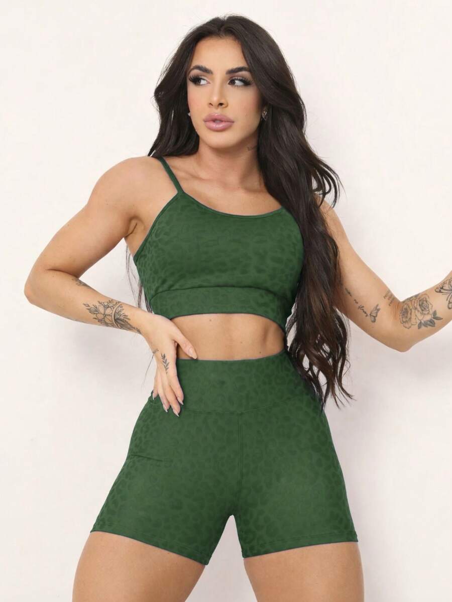 jelik fashions Set Of Shorts + Top With Removable Padding, Animal Print (Leopard Pattern), Strappy, Polyamide, Fitness, Women's, Fashion, Blogger Style, Gym - xanh quân đội - Xem 1