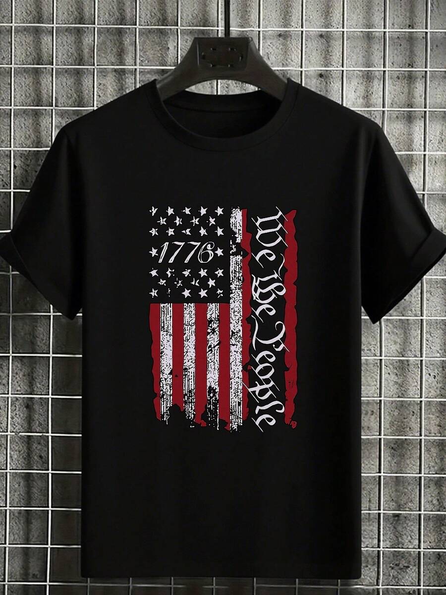 1PC Men's Plus Size American Flag Design T Shirt Featuring 1776 And We The People Text In Bold Black Red White Colors Ideal For Patriotic Fashion Statements - 黑色 - 查看 1