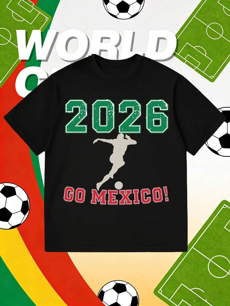 Camiseta del Equipo México 2026 | Cuello redondo informal, manga corta, tela ligeramente elástica, perfecto para hombres, entusiastas del fútbol mundial, para usar en todas las estaciones. - Negro - Ver 1