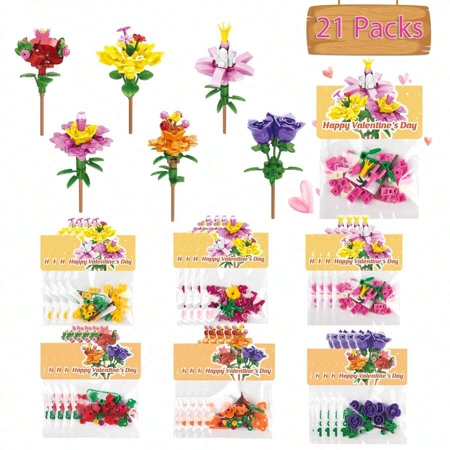 21 Pack Flower-Shaped Building Blocks Home Decorations - Valentines Day Gifts For Teens, Bulk Class Valentines  Non Candy Gifts For School | Valentines Crafts, Classroom Valentines Gifts & Artificial Flowers With Valentines Cards For Teens Valentine Exchange - 黃色 - 查看 1