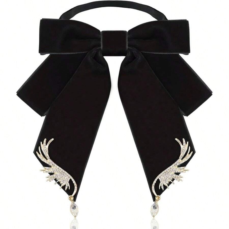 - Pajarita de terciopelo negro y rojo para mujer, broches de lazo preatados para mujer - Corbata: black - Ver 1